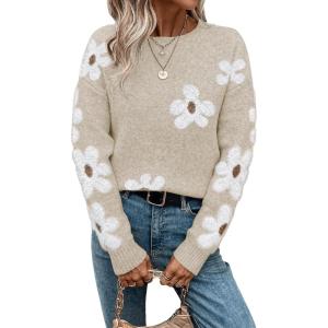 imageSHENHE Womens Floral Pattern Crewneck Long Sleeve Drop Shoulder Sweaters Pullover TopsApricot