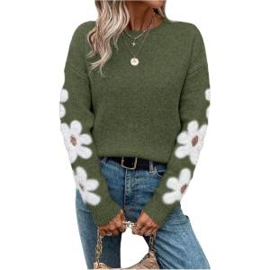 imageSHENHE Womens Floral Pattern Crewneck Long Sleeve Drop Shoulder Sweaters Pullover TopsFloral Green