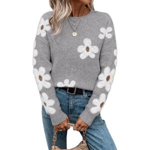 imageSHENHE Womens Floral Pattern Crewneck Long Sleeve Drop Shoulder Sweaters Pullover TopsGrey