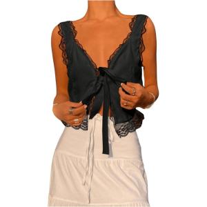 imageSHENHE Womens Lace Trim V Neck Tops Tie Font Sleeveless Tank Top Elegant Going Out TopBlack