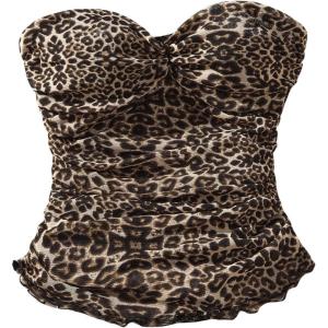 imageSHENHE Womens Leopard Print Mesh Tube Twist Front Strapless Ruched Sexy Y2k Tube TopsBrown