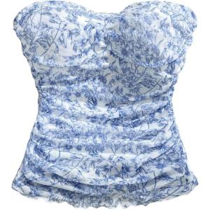 imageSHENHE Womens Leopard Print Mesh Tube Twist Front Strapless Ruched Sexy Y2k Tube TopsFloral Blue White