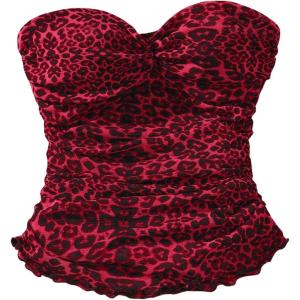 imageSHENHE Womens Leopard Print Mesh Tube Twist Front Strapless Ruched Sexy Y2k Tube TopsRed