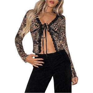 imageSHENHE Womens Sexy Leopard Lace Open Front Crop Top Tie Front Slim Fitted Long Sleeve T ShirtLight Brown