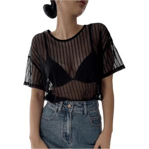 imageSHENHE Womens Striped See Through Mesh Crew Neck Short Sleeve Sheer Sexy Tee TopBlack