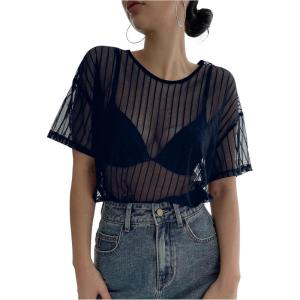 imageSHENHE Womens Striped See Through Mesh Crew Neck Short Sleeve Sheer Sexy Tee TopDeep Blue