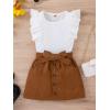 imageSHENHE 2pcs Girls Skirt Outfits Ruffled Ribbed Cap Sleeve T Shirt and Button Down Tie Front Skirt SetWhite and Brown