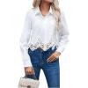 imageSHENHE Womens Button Up Guipure Lace Trim Long Sleeve Crop Top Shirt Elegant BlouseWhite