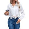 imageSHENHE Womens Button Up Guipure Lace Trim Long Sleeve Crop Top Shirt Elegant BlouseWhite