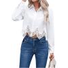 imageSHENHE Womens Button Up Guipure Lace Trim Long Sleeve Crop Top Shirt Elegant BlouseWhite