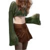 imageSHENHE Womens Hollow Out Knitted Pullover Sweater Crochet Cropped Sweater Top Long Sleeve Casual Cover Up TopGrass Green