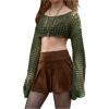 imageSHENHE Womens Hollow Out Knitted Pullover Sweater Crochet Cropped Sweater Top Long Sleeve Casual Cover Up TopGrass Green