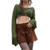 imageSHENHE Womens Hollow Out Knitted Pullover Sweater Crochet Cropped Sweater Top Long Sleeve Casual Cover Up TopGrass Green