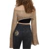 imageSHENHE Womens Hollow Out Knitted Pullover Sweater Crochet Cropped Sweater Top Long Sleeve Casual Cover Up TopKhaki