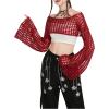 imageSHENHE Womens Hollow Out Knitted Pullover Sweater Crochet Cropped Sweater Top Long Sleeve Casual Cover Up TopRed