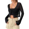 imageSHENHE Womens Mesh Sheer V Neck Tie Front Long Sleeve Solid Crop CardiganBlack