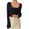 imageSHENHE Womens Mesh Sheer V Neck Tie Front Long Sleeve Solid Crop CardiganBlack