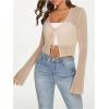imageSHENHE Womens Mesh Sheer V Neck Tie Front Long Sleeve Solid Crop CardiganKhaki