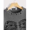 imageSHENHE Womens Oversized Skeleton Pattern Ripped Round Neck Sweater PulloverGrey