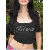 imageSHENHE Womens Ribbed Knit Rhinestone Letter Print Racerback Y2k Crop Tank TopBlack a