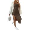 imageSHENHE Womens Split Thigh Twist Backless Spaghetti Strap Sleeveless Bodycon Midi DressesBrown