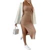imageSHENHE Womens Split Thigh Twist Backless Spaghetti Strap Sleeveless Bodycon Midi DressesKhaki