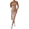 imageSHENHE Womens Split Thigh Twist Backless Spaghetti Strap Sleeveless Bodycon Midi DressesKhaki