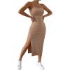 imageSHENHE Womens Split Thigh Twist Backless Spaghetti Strap Sleeveless Bodycon Midi DressesKhaki