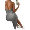 imageSHENHE Womens Split Thigh Twist Backless Spaghetti Strap Sleeveless Bodycon Midi DressesLight Grey