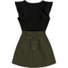 imageSHENHE 2pcs Girls Skirt Outfits Ruffled Ribbed Cap Sleeve T Shirt and Button Down Tie Front Skirt SetBlack and Green