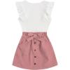 imageSHENHE 2pcs Girls Skirt Outfits Ruffled Ribbed Cap Sleeve T Shirt and Button Down Tie Front Skirt SetWhite and Pink