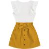 imageSHENHE 2pcs Girls Skirt Outfits Ruffled Ribbed Cap Sleeve T Shirt and Button Down Tie Front Skirt SetWhite and Yellow