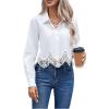 imageSHENHE Womens Button Up Guipure Lace Trim Long Sleeve Crop Top Shirt Elegant BlouseWhite