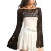 imageSHENHE Womens Hollow Out Knitted Pullover Sweater Crochet Cropped Sweater Top Long Sleeve Casual Cover Up TopBlack