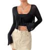 imageSHENHE Womens Mesh Sheer V Neck Tie Front Long Sleeve Solid Crop CardiganBlack
