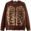 imageSHENHE Womens Oversized Skeleton Pattern Ripped Round Neck Sweater PulloverBrown