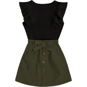 imageSHENHE 2pcs Girls Skirt Outfits Ruffled Ribbed Cap Sleeve T Shirt and Button Down Tie Front Skirt SetBlack and Green