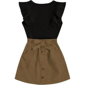 imageSHENHE 2pcs Girls Skirt Outfits Ruffled Ribbed Cap Sleeve T Shirt and Button Down Tie Front Skirt SetBlack and Khaki