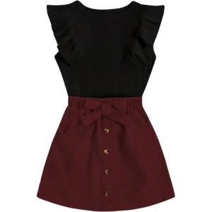 imageSHENHE 2pcs Girls Skirt Outfits Ruffled Ribbed Cap Sleeve T Shirt and Button Down Tie Front Skirt SetBlack and Red