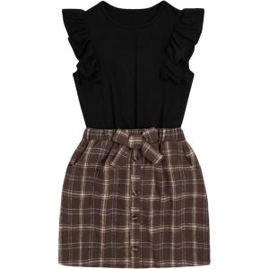 imageSHENHE 2pcs Girls Skirt Outfits Ruffled Ribbed Cap Sleeve T Shirt and Button Down Tie Front Skirt SetLattice Black