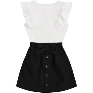 imageSHENHE 2pcs Girls Skirt Outfits Ruffled Ribbed Cap Sleeve T Shirt and Button Down Tie Front Skirt SetWhite and Black