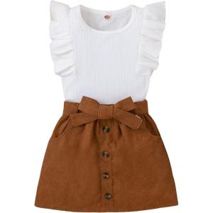 imageSHENHE 2pcs Girls Skirt Outfits Ruffled Ribbed Cap Sleeve T Shirt and Button Down Tie Front Skirt SetWhite and Brown