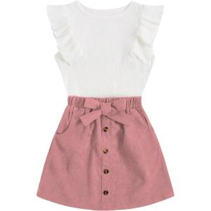 imageSHENHE 2pcs Girls Skirt Outfits Ruffled Ribbed Cap Sleeve T Shirt and Button Down Tie Front Skirt SetWhite and Pink