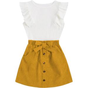 imageSHENHE 2pcs Girls Skirt Outfits Ruffled Ribbed Cap Sleeve T Shirt and Button Down Tie Front Skirt SetWhite and Yellow