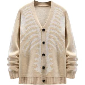 imageSHENHE Mens Skeleton Pattern Cardigan Sweaters Long Sleeve Unisex Outwear Knitted CoatsApricot