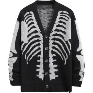 imageSHENHE Mens Skeleton Pattern Cardigan Sweaters Long Sleeve Unisex Outwear Knitted CoatsBlack