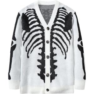 imageSHENHE Mens Skeleton Pattern Cardigan Sweaters Long Sleeve Unisex Outwear Knitted CoatsBlack and White