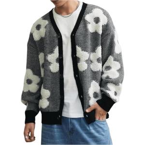 imageSHENHE Mens Skeleton Pattern Cardigan Sweaters Long Sleeve Unisex Outwear Knitted CoatsFlower Black White