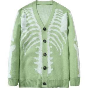imageSHENHE Mens Skeleton Pattern Cardigan Sweaters Long Sleeve Unisex Outwear Knitted CoatsGrass Green