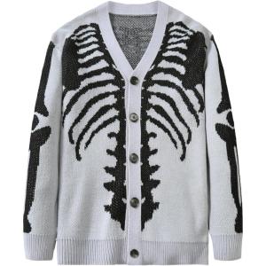imageSHENHE Mens Skeleton Pattern Cardigan Sweaters Long Sleeve Unisex Outwear Knitted CoatsGrey Black